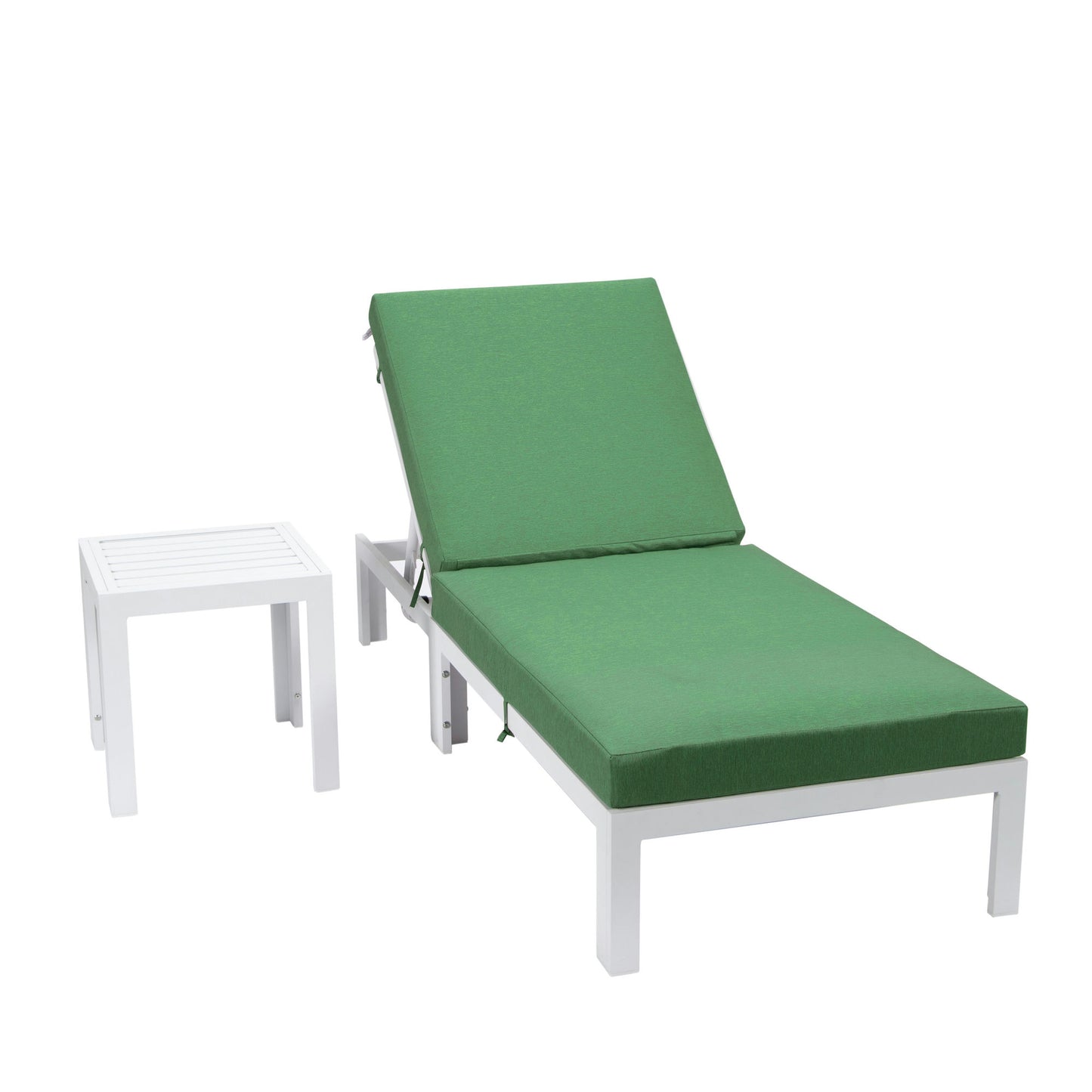 LeisureMod Chelsea Outdoor White Lounge Chair With Side Table & Cushions - Green