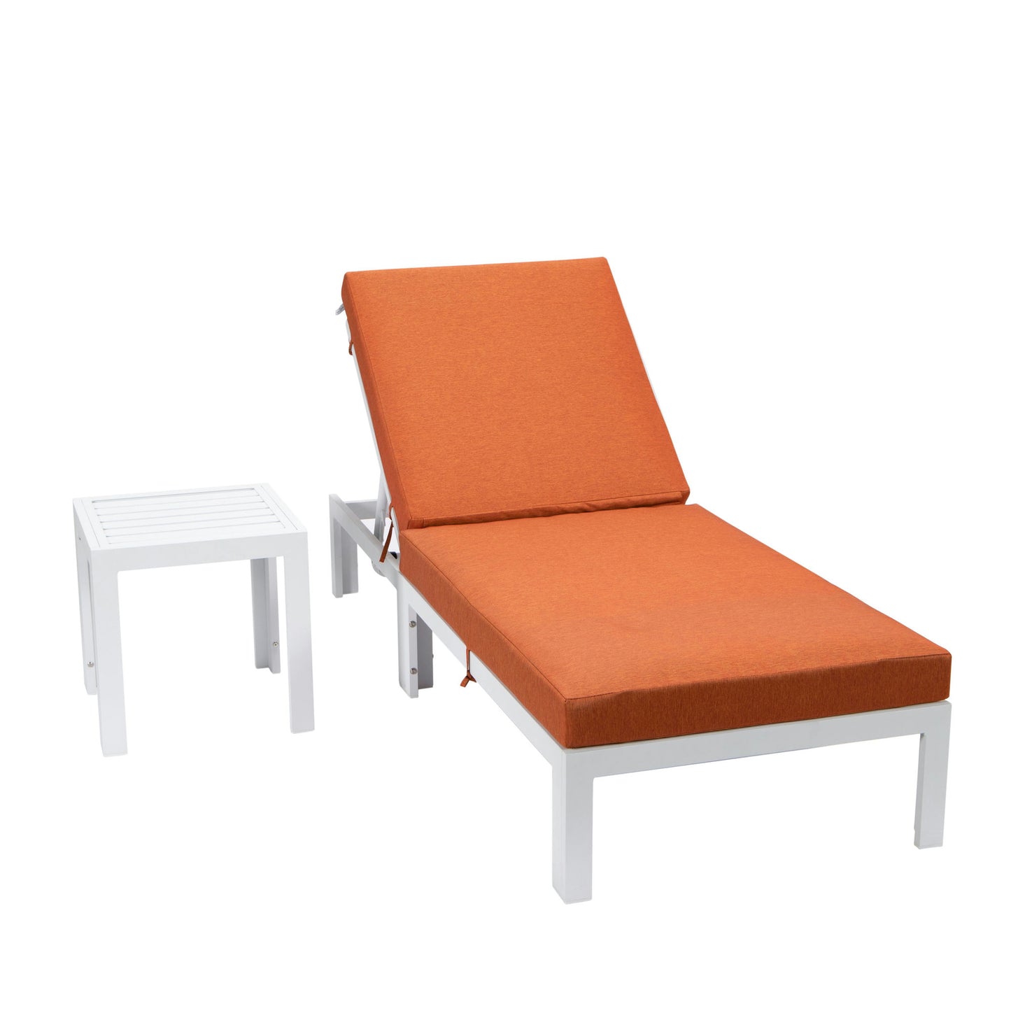 LeisureMod Chelsea White Lounge Chair With Side Table & Cushions - Orange