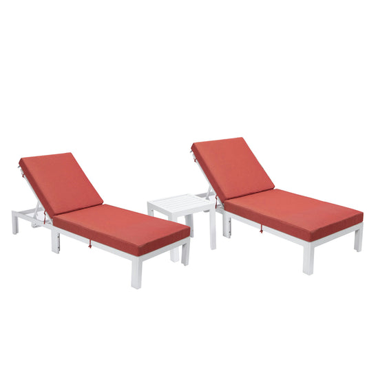 LeisureMod Chelsea White Lounge Chair Set of 2 With Side Table & Cushions - Red