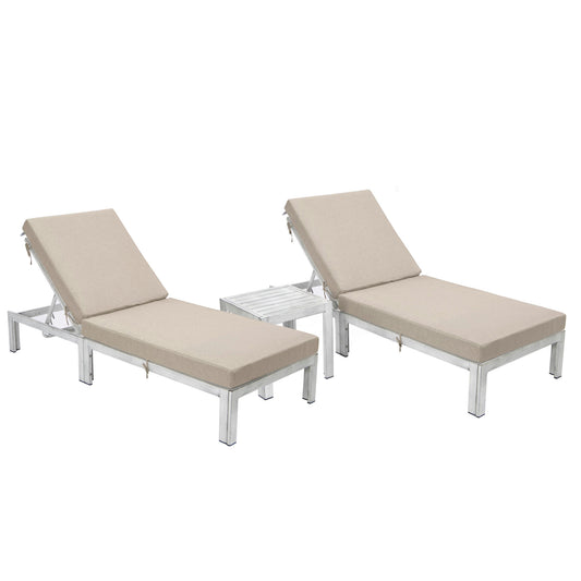 LeisureMod Chelsea Grey Lounge Chair Set of 2 With Side Table & Cushions - Beige