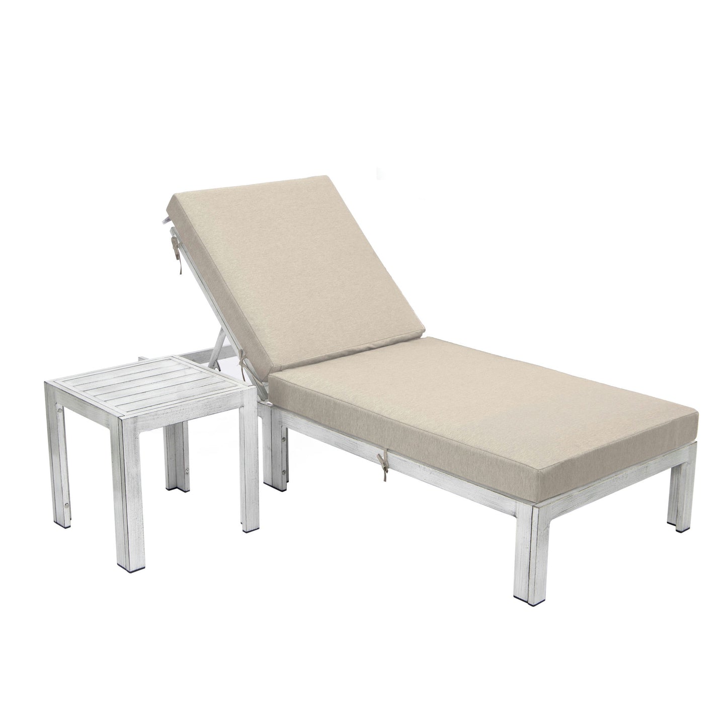 LeisureMod Chelsea Outdoor Grey Lounge Chair With Side Table & Cushions - Beige