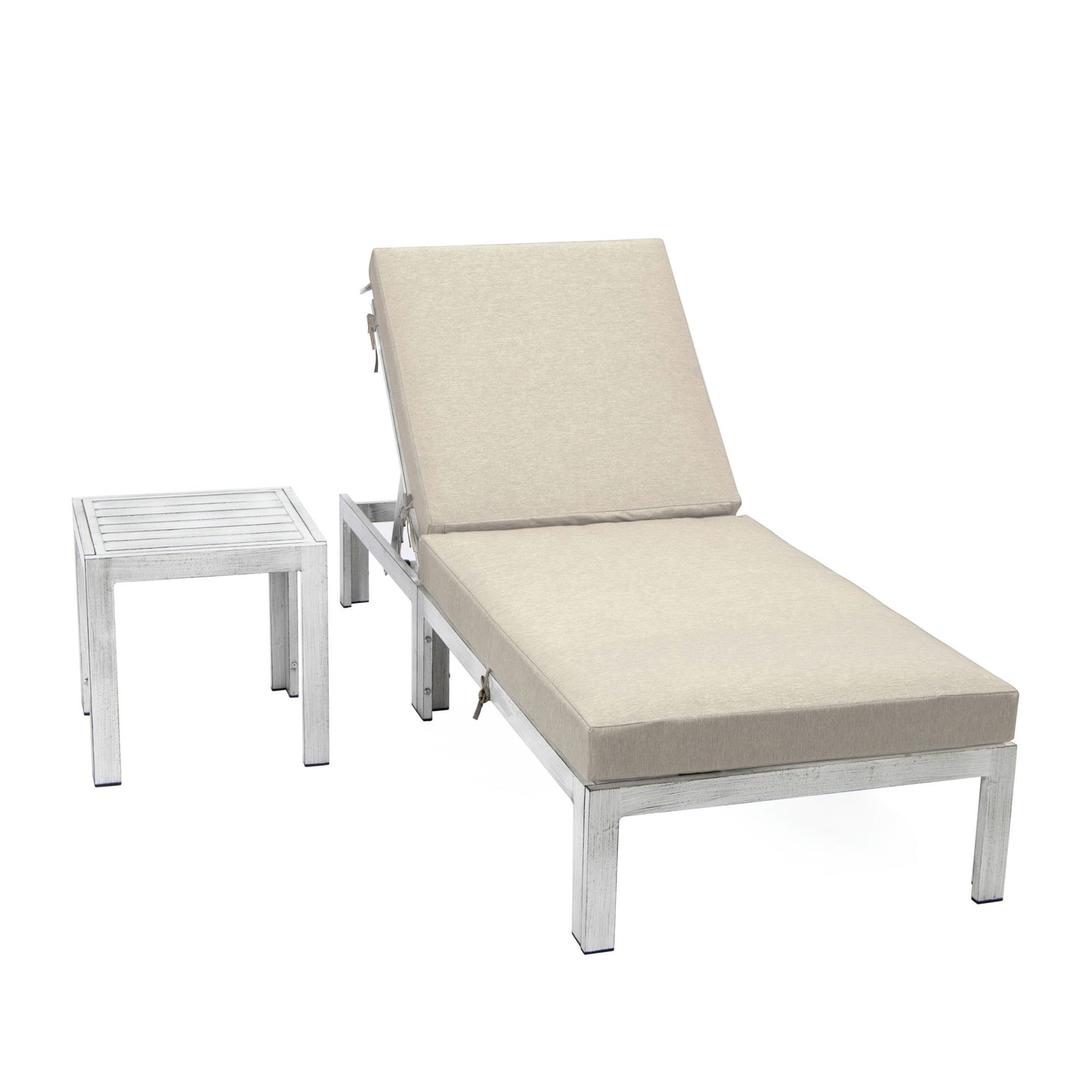 LeisureMod Chelsea Outdoor Grey Lounge Chair With Side Table & Cushions - Beige