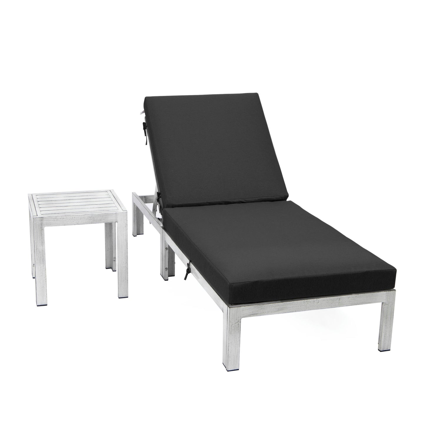 LeisureMod Chelsea Outdoor Grey Lounge Chair With Side Table & Cushions - Black