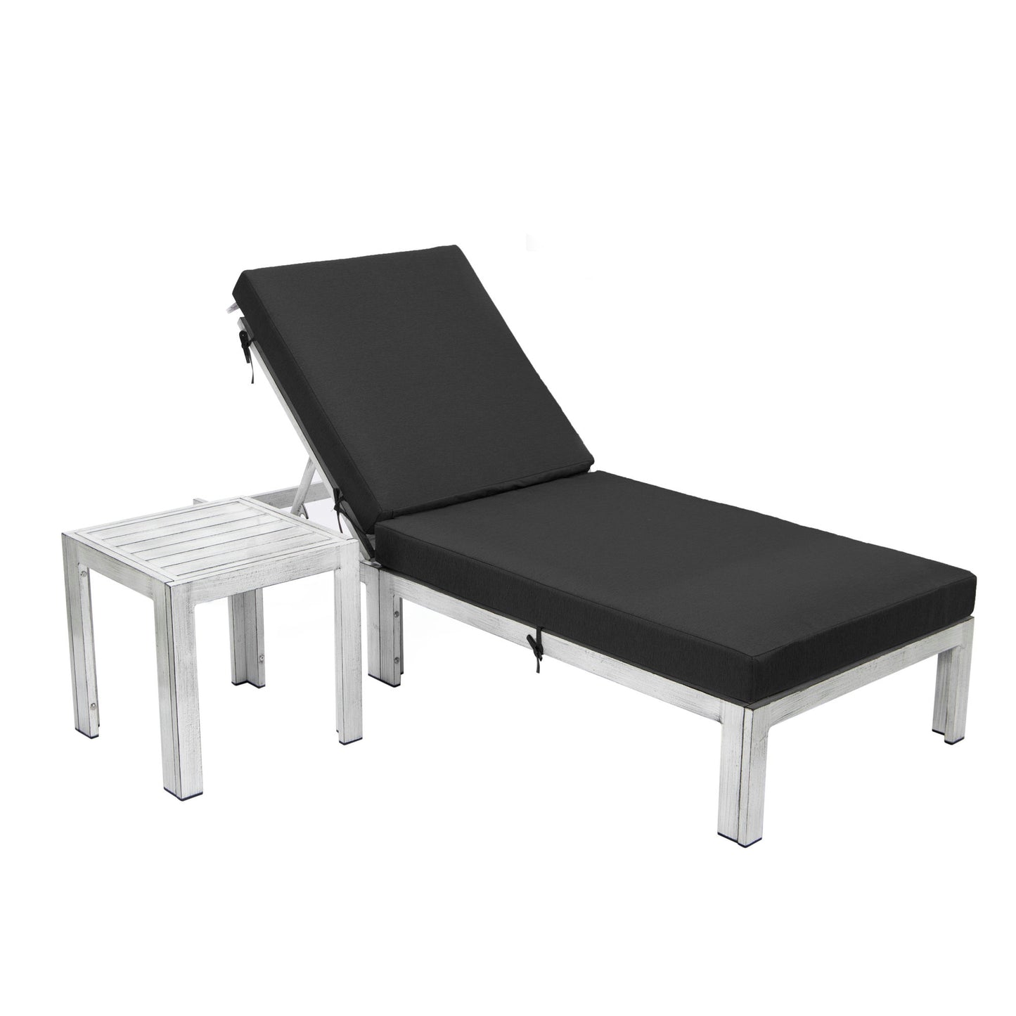 LeisureMod Chelsea Outdoor Grey Lounge Chair With Side Table & Cushions - Black