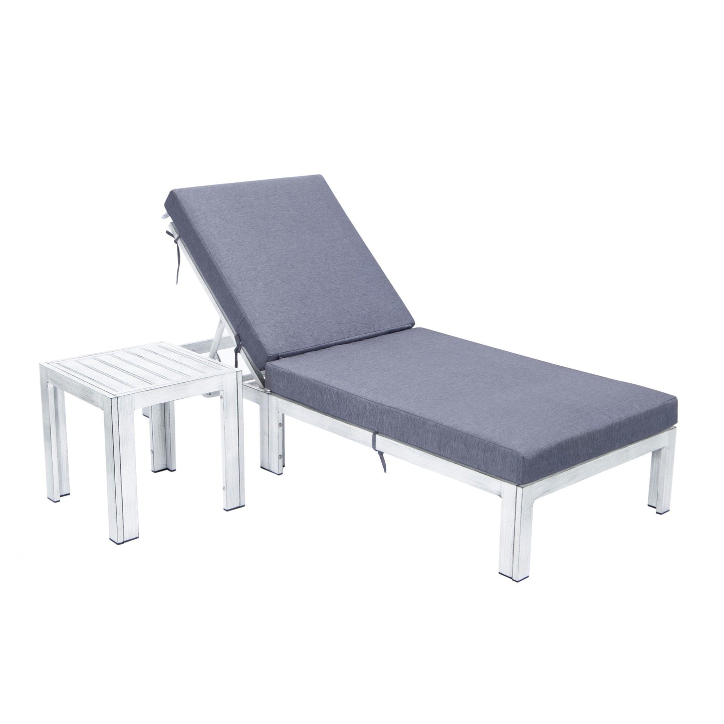 LeisureMod Chelsea Outdoor Grey Lounge Chair With Side Table & Cushions - Blue