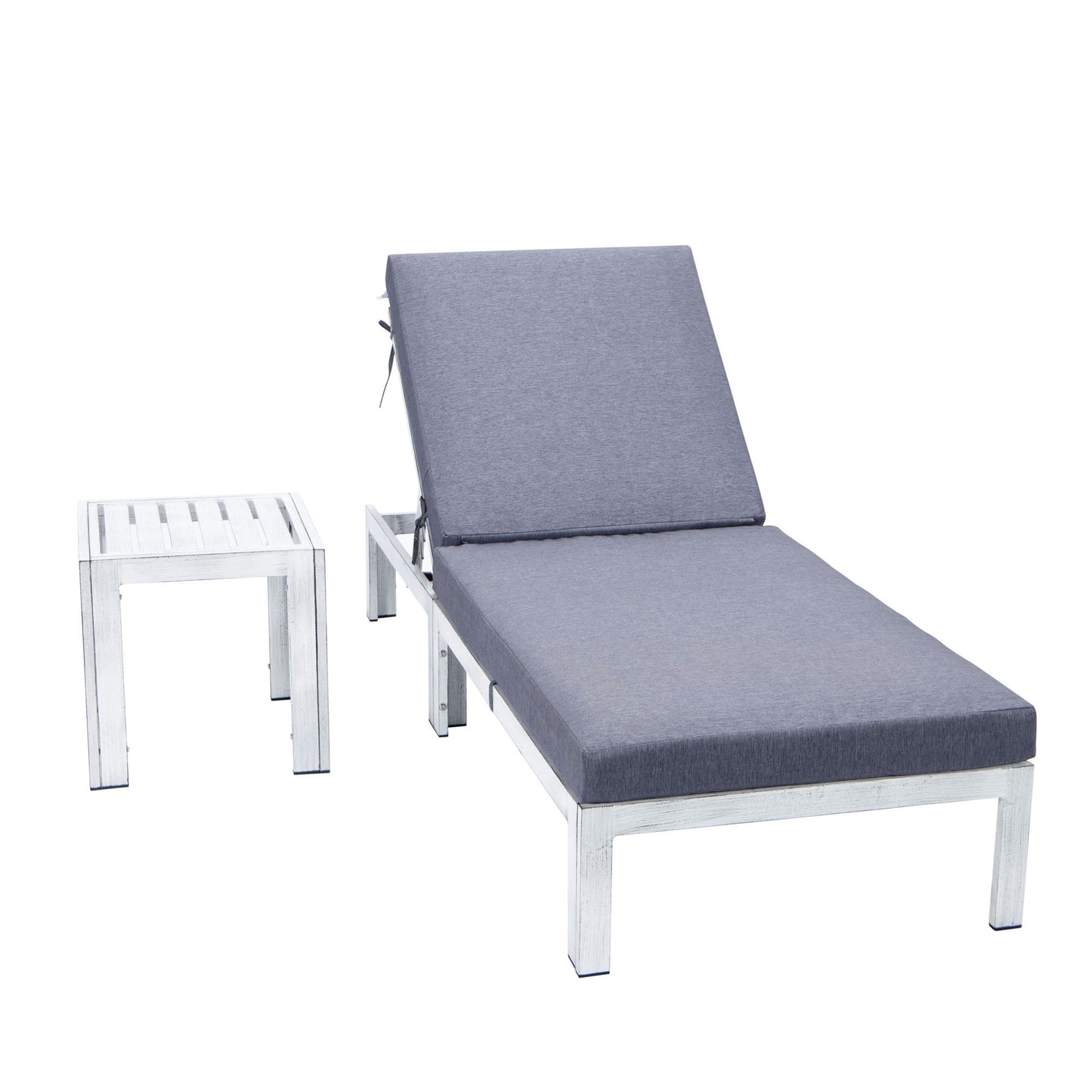 LeisureMod Chelsea Outdoor Grey Lounge Chair With Side Table & Cushions - Blue