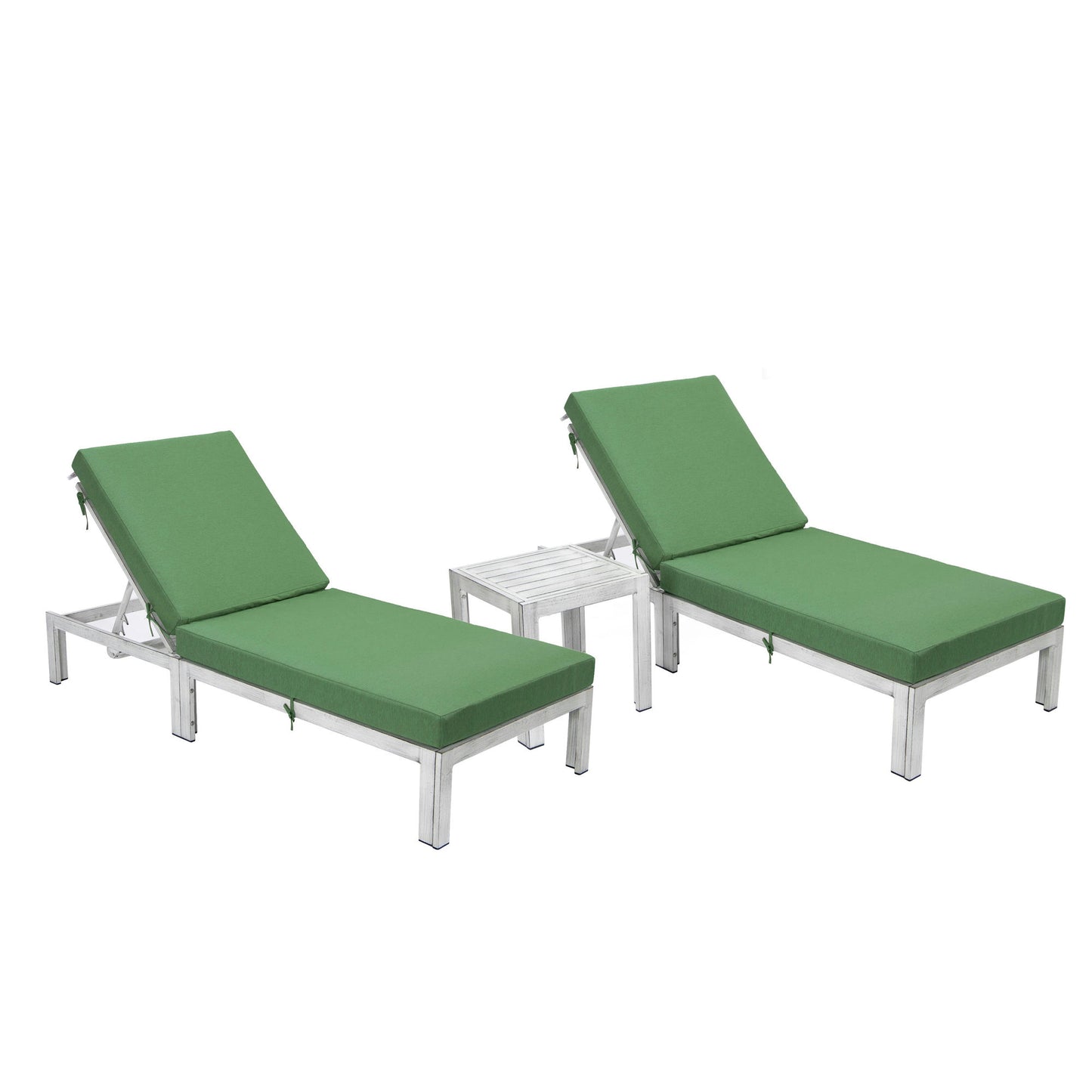 LeisureMod Chelsea Grey Lounge Chair Set of 2 With Side Table & Cushions - Green