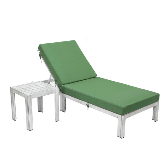 LeisureMod Chelsea Outdoor Grey Lounge Chair With Side Table & Cushions - Green