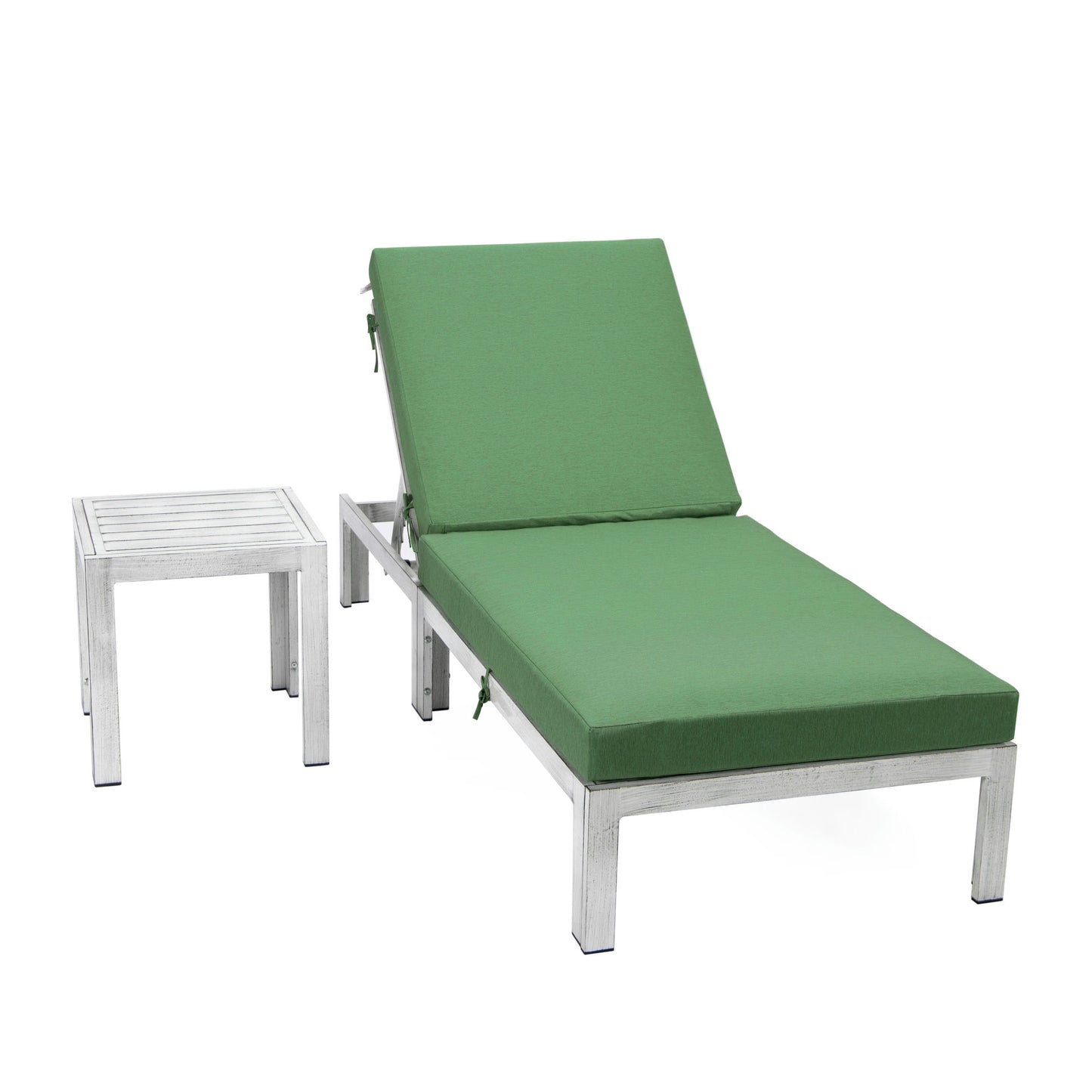 LeisureMod Chelsea Outdoor Grey Lounge Chair With Side Table & Cushions - Green