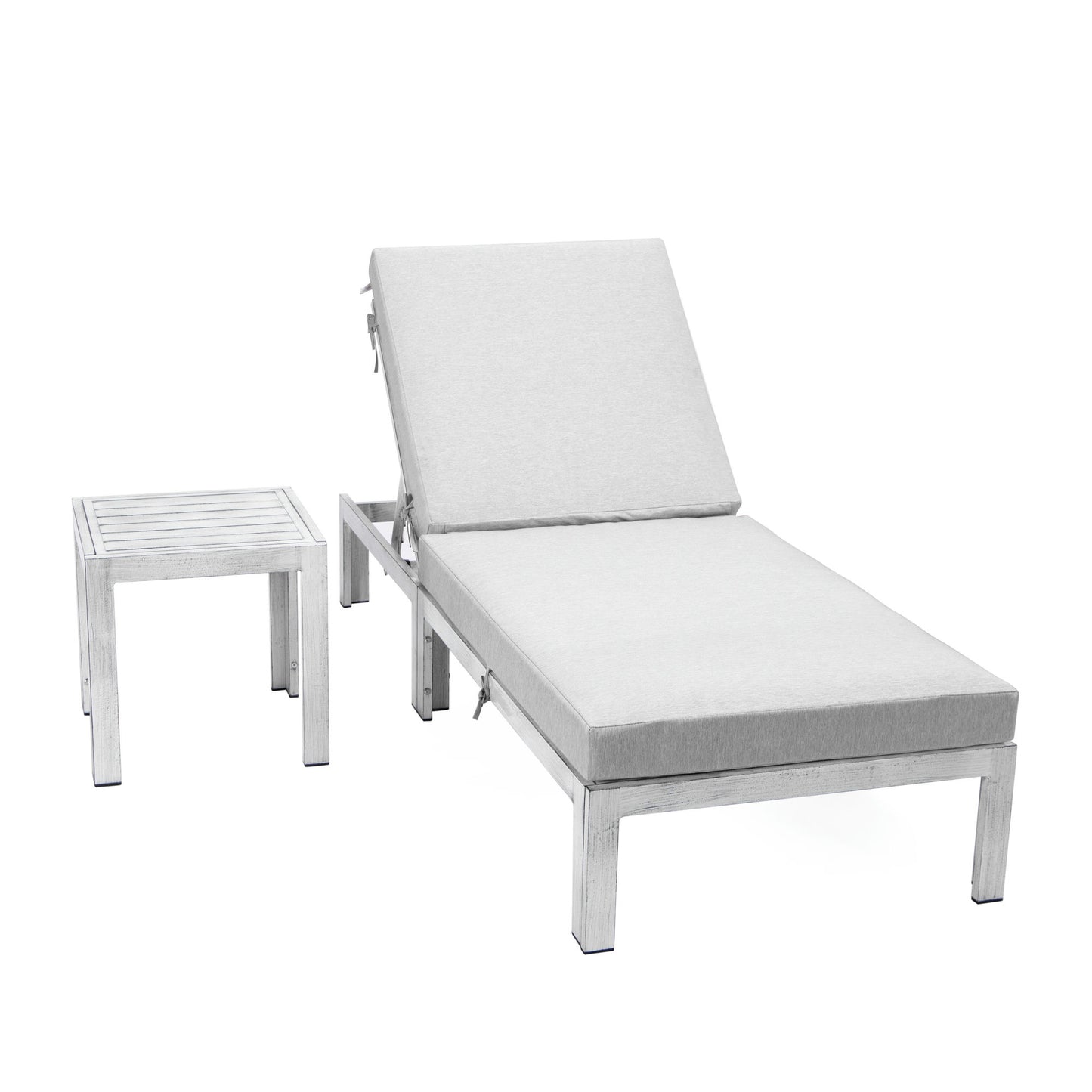 LeisureMod Chelsea Outdoor Grey Lounge Chair With Side Table & Cushions - Grey