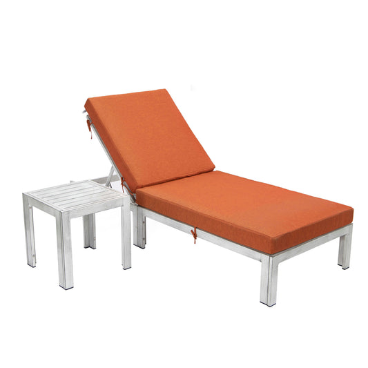 LeisureMod Chelsea Outdoor Grey Lounge Chair With Side Table & Cushions - Orange