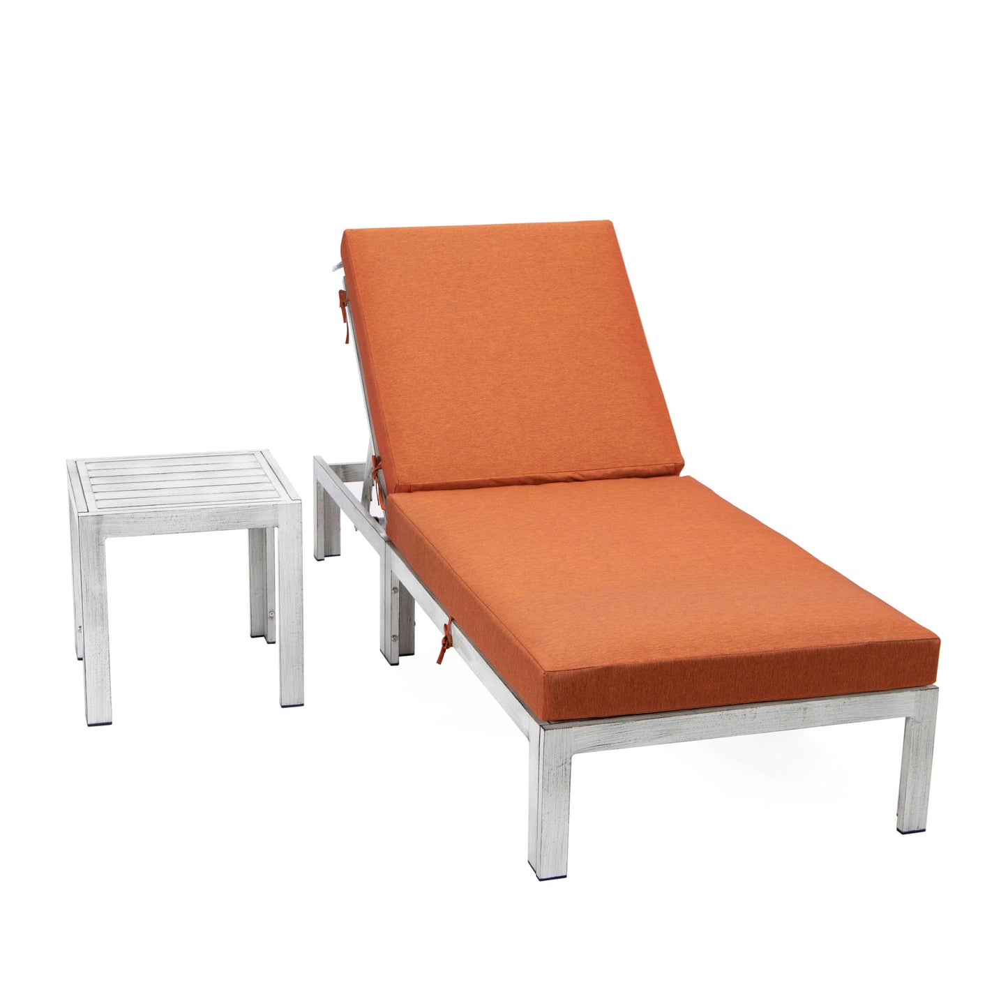 LeisureMod Chelsea Outdoor Grey Lounge Chair With Side Table & Cushions - Orange