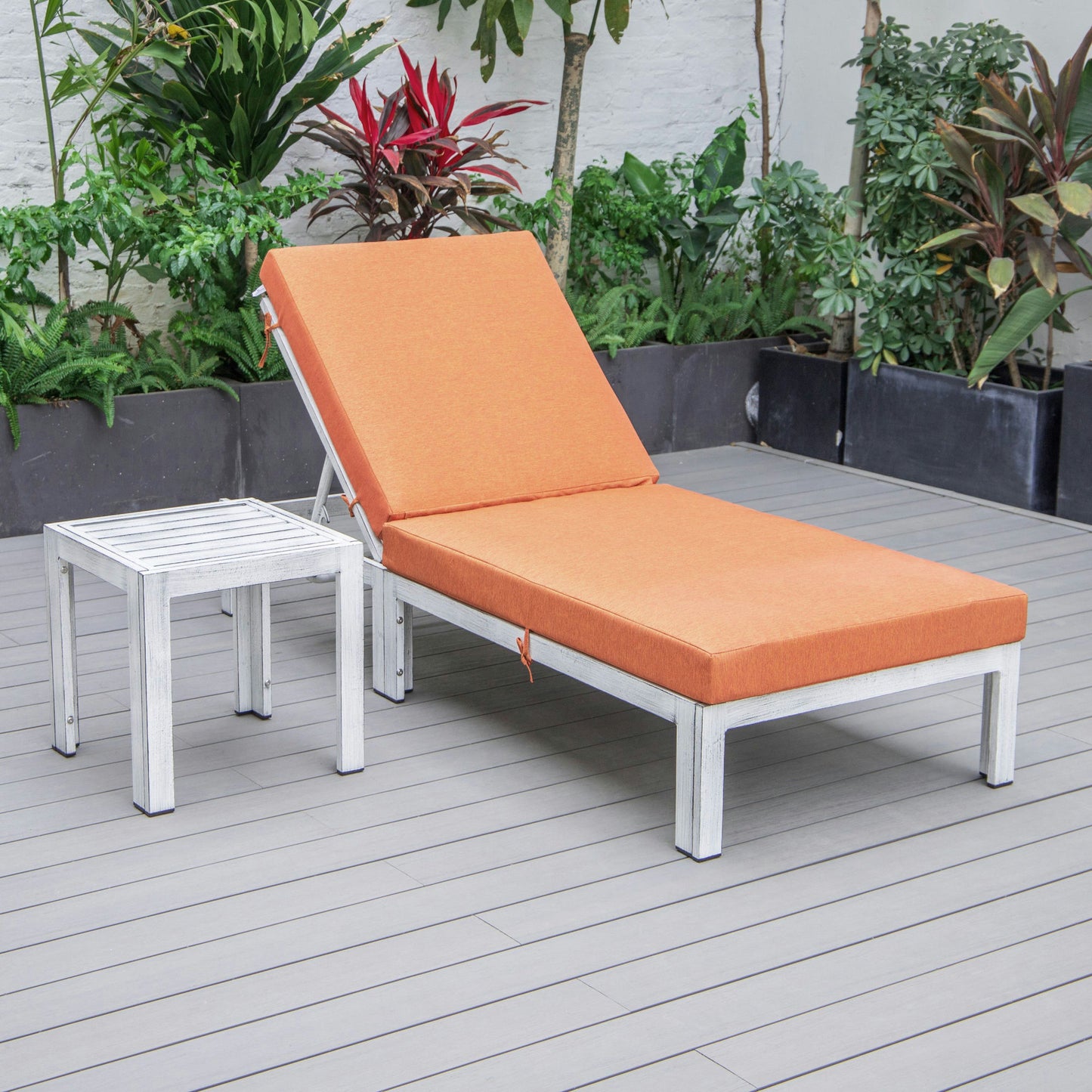 LeisureMod Chelsea Outdoor Grey Lounge Chair With Side Table & Cushions - Orange