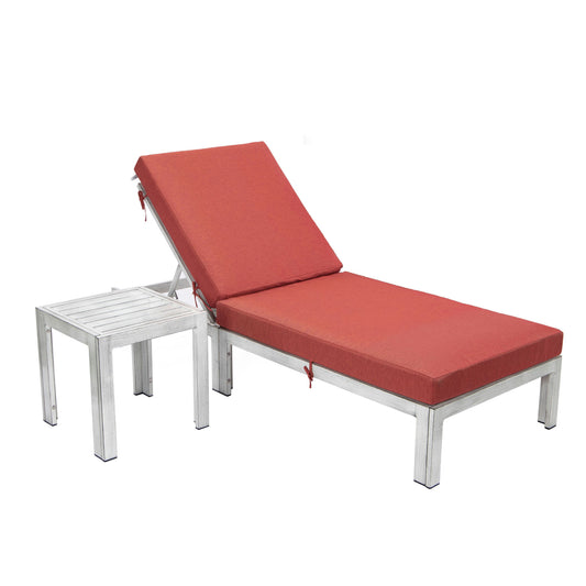 LeisureMod Chelsea Outdoor Grey Lounge Chair With Side Table & Cushions - Red