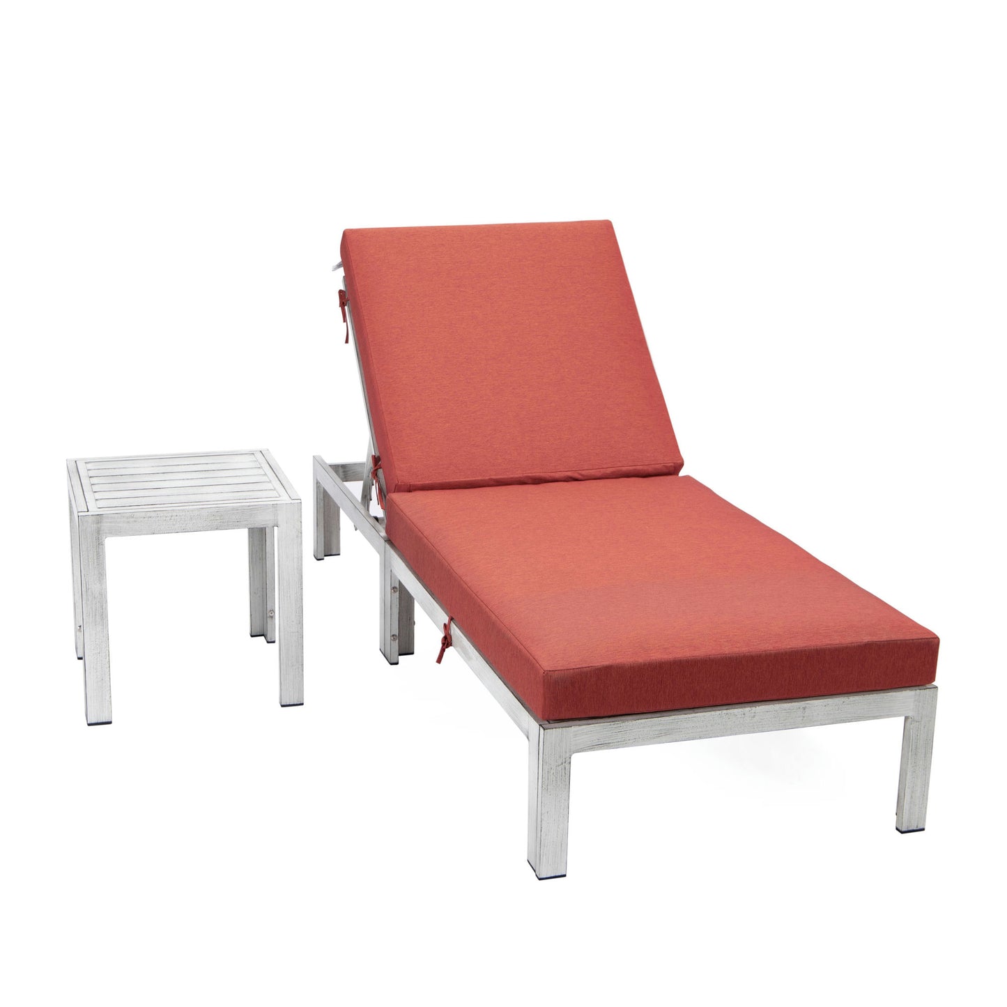 LeisureMod Chelsea Outdoor Grey Lounge Chair With Side Table & Cushions - Red