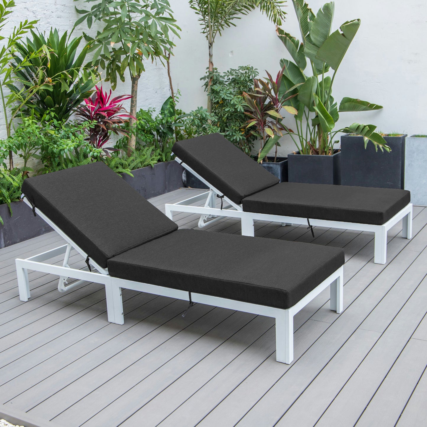 LeisureMod Chelsea Outdoor White Lounge Chair With Cushions Set of 2 - Black