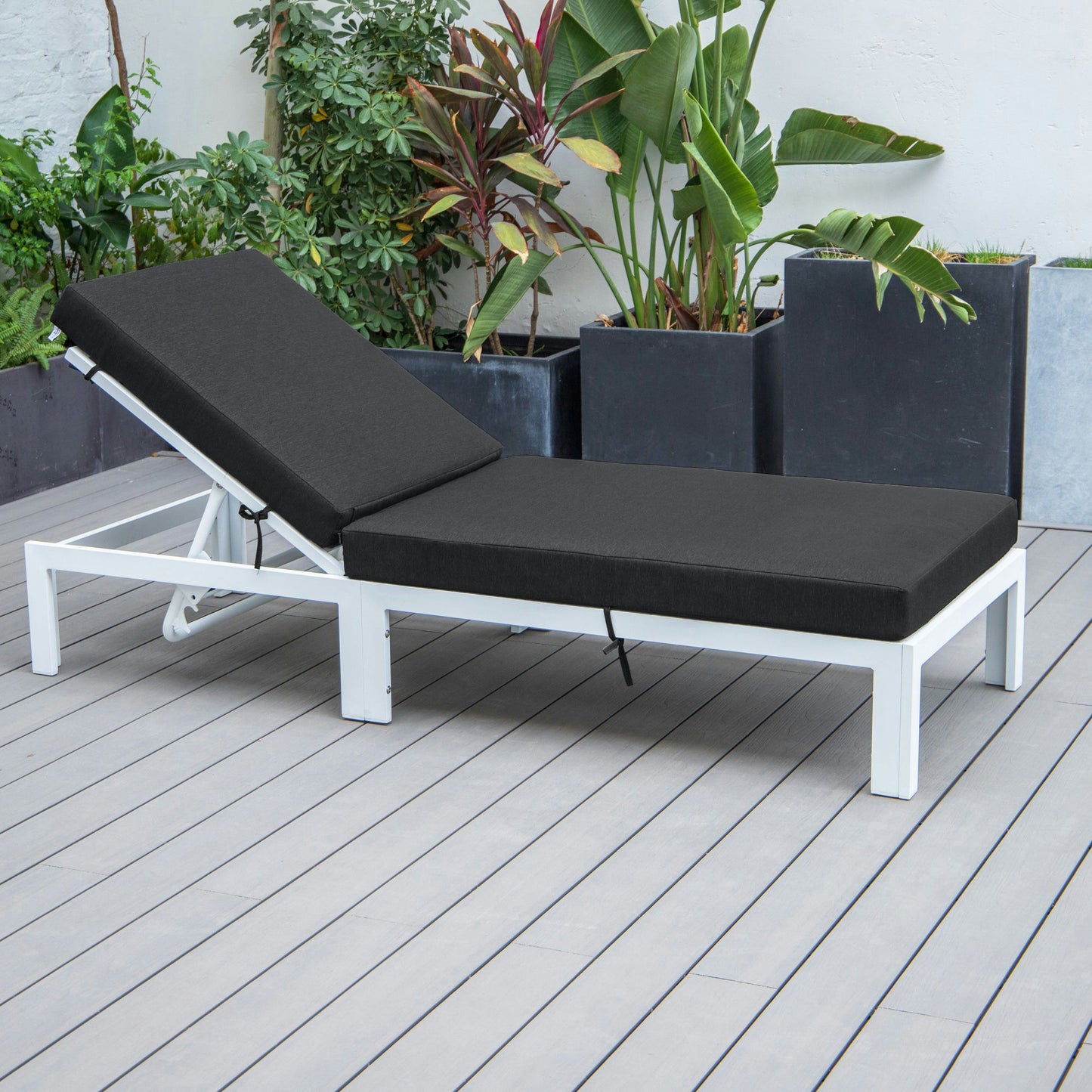 LeisureMod Chelsea Outdoor White Chaise Lounge Chair With Cushions - Black