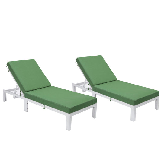 LeisureMod Chelsea Outdoor White Lounge Chair With Cushions Set of 2 - Green