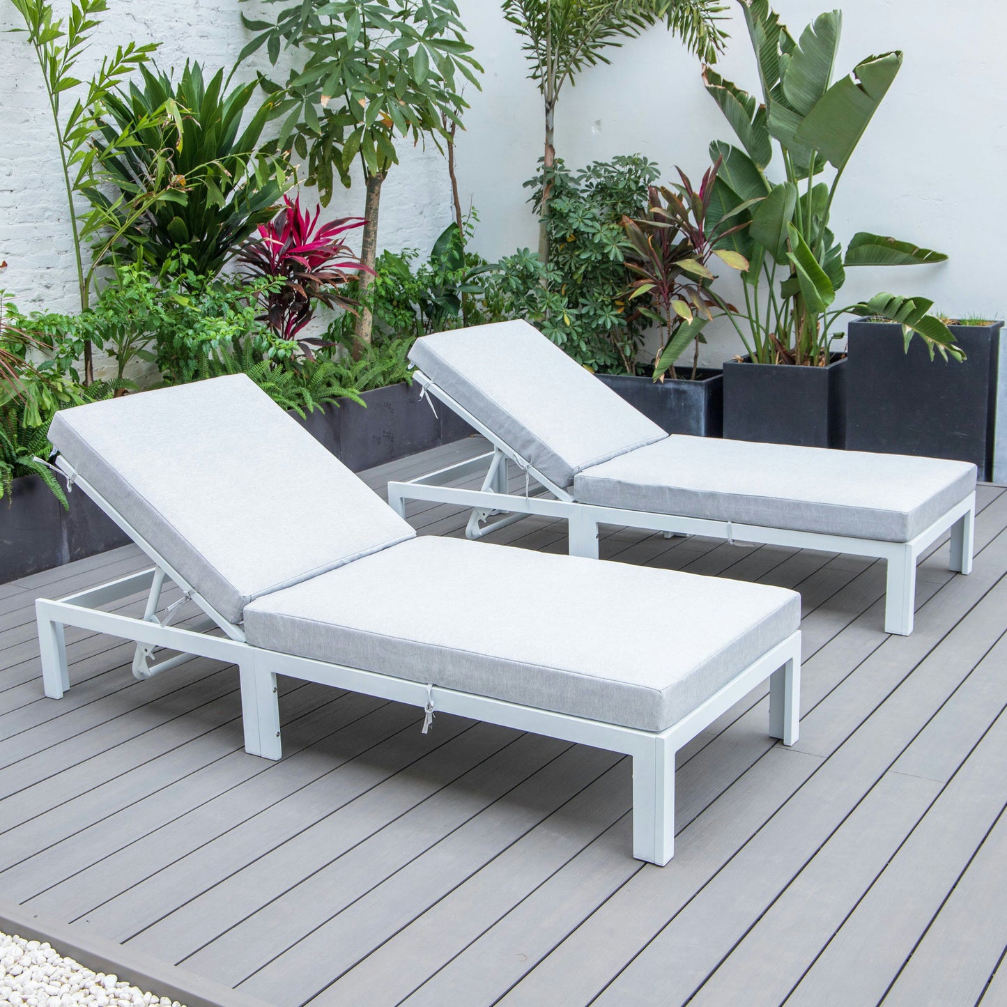 LeisureMod Chelsea Outdoor White Lounge Chair With Cushions Set of 2 - Grey