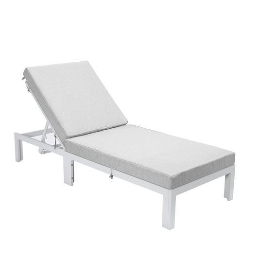 LeisureMod Chelsea Outdoor White Chaise Lounge Chair With Cushions - Grey