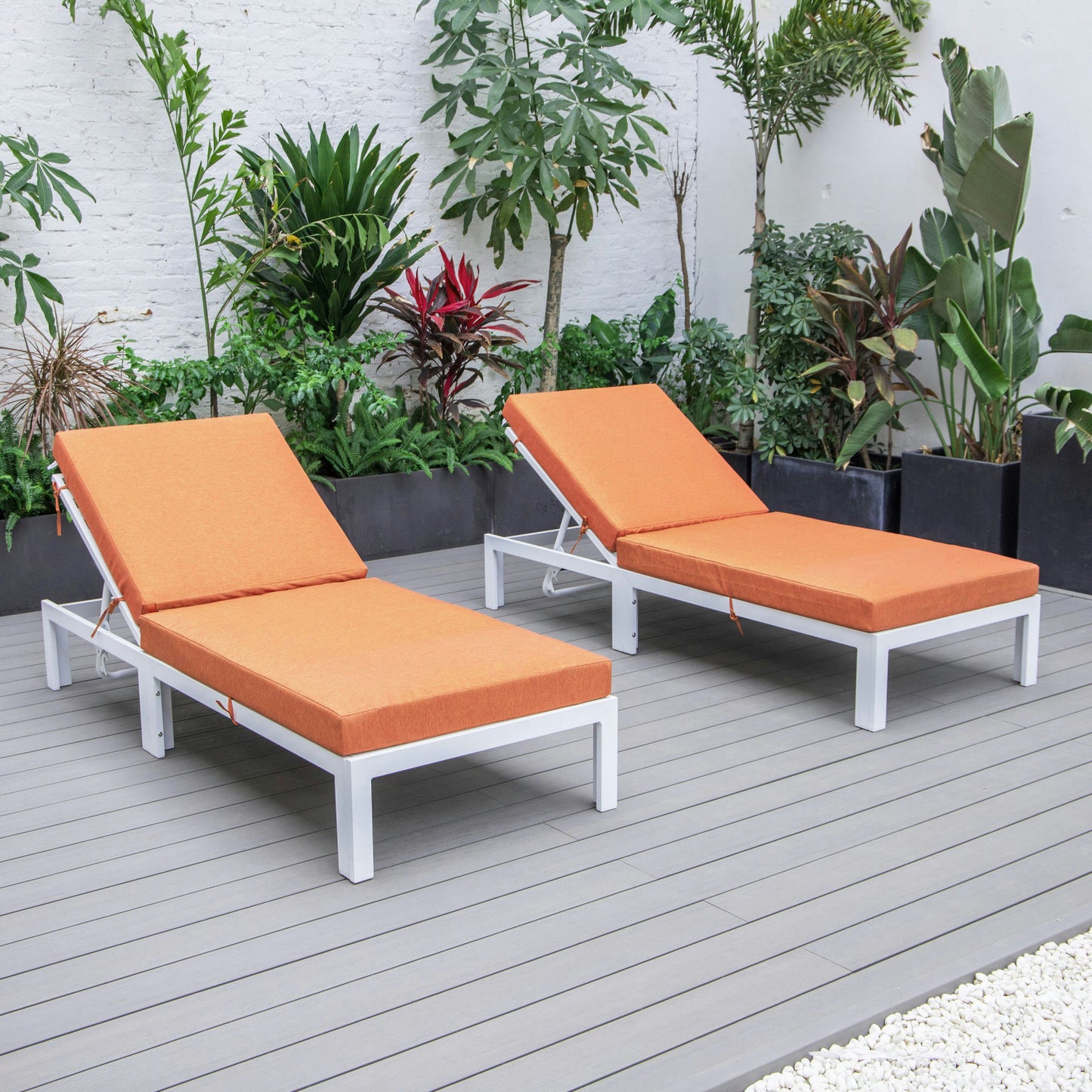 LeisureMod Chelsea Outdoor White Lounge Chair With Cushions Set of 2 - Orange