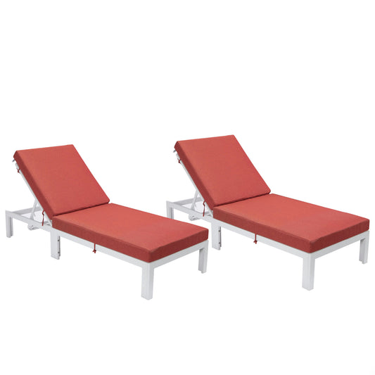 LeisureMod Chelsea Outdoor White Lounge Chair With Cushions Set of 2 - Red