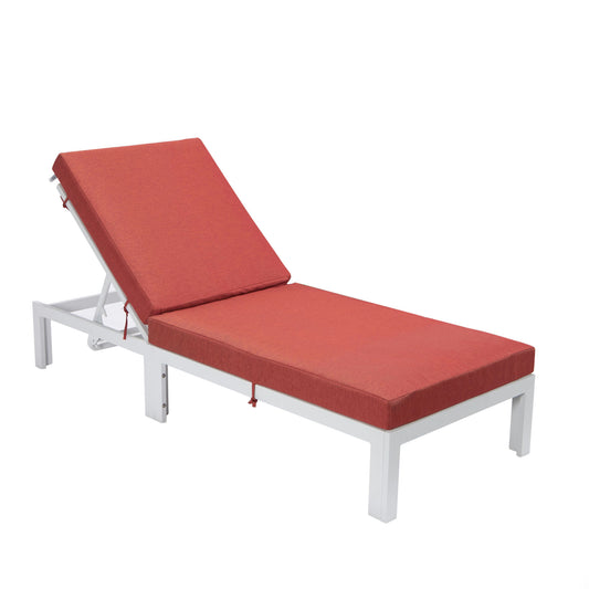 LeisureMod Chelsea Outdoor White Chaise Lounge Chair With Cushions - Red