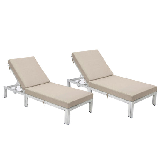 LeisureMod Chelsea Outdoor Grey Chaise Lounge Chair w/Cushions Set of 2, Beige