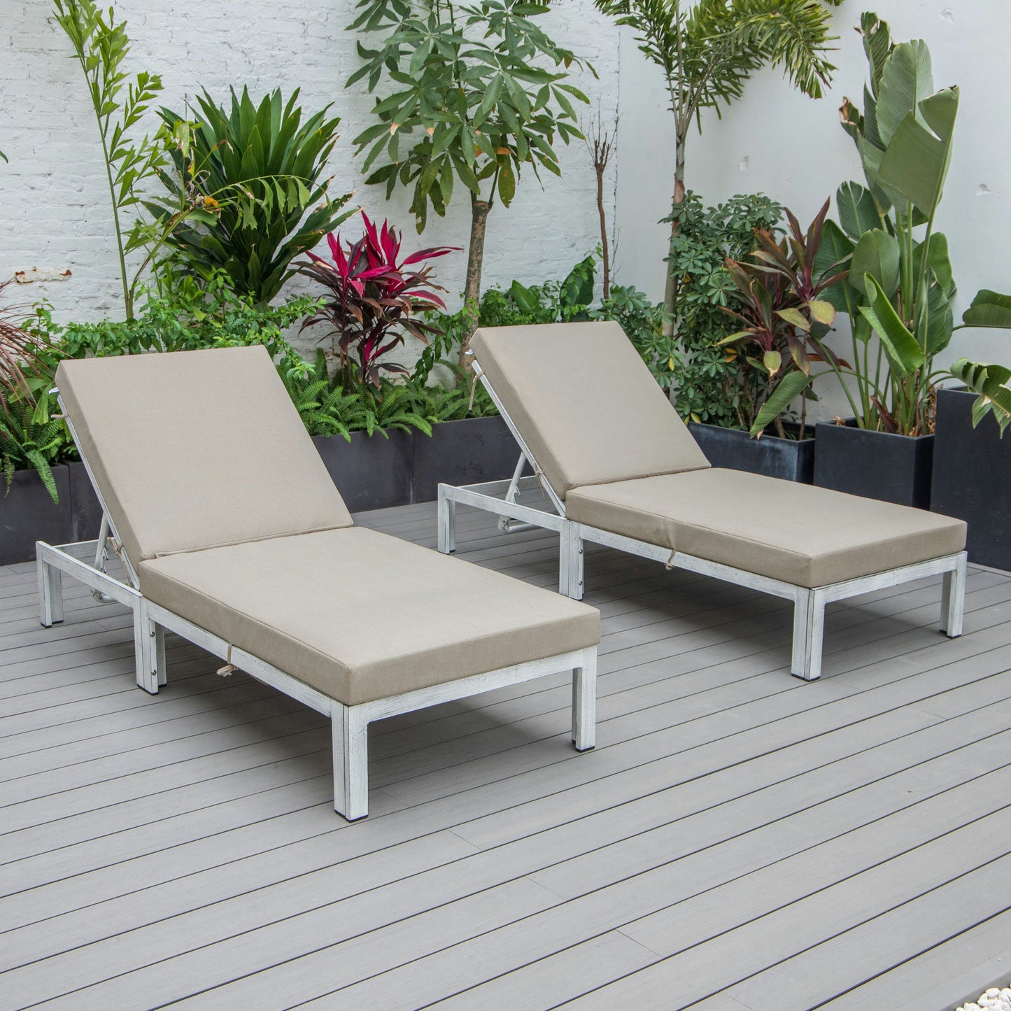 LeisureMod Chelsea Outdoor Grey Chaise Lounge Chair w/Cushions Set of 2, Beige