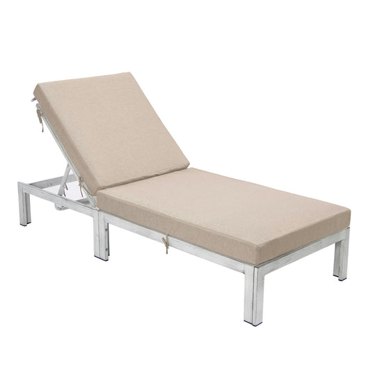 LeisureMod Chelsea Outdoor Grey Chaise Lounge Chair With Cushions- Beige