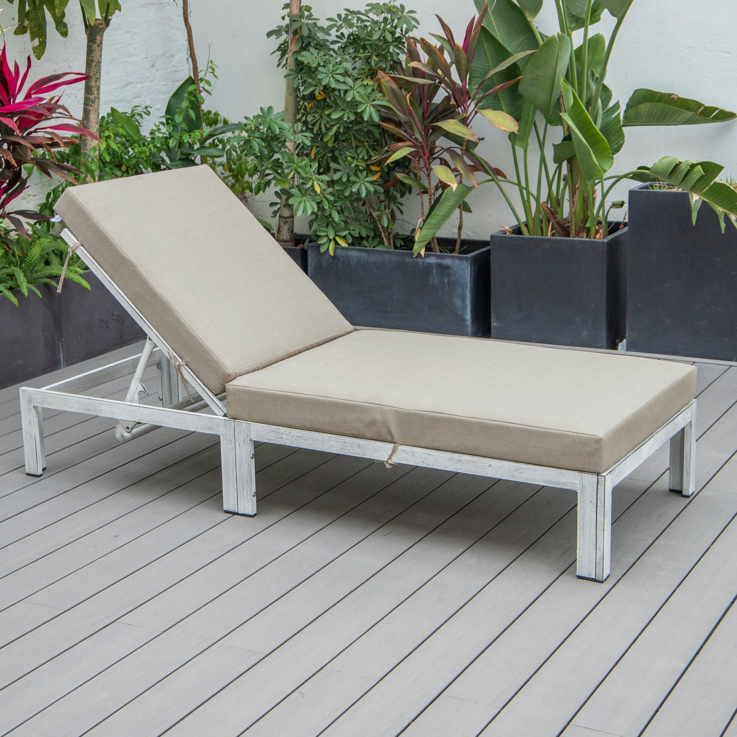 LeisureMod Chelsea Outdoor Grey Chaise Lounge Chair With Cushions- Beige