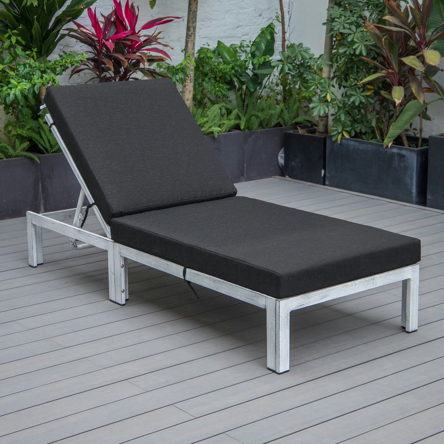 LeisureMod Chelsea Outdoor Grey Chaise Lounge Chair With Cushions- Black