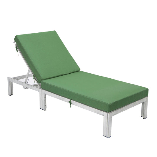 LeisureMod Chelsea Outdoor Grey Chaise Lounge Chair With Cushions- Green