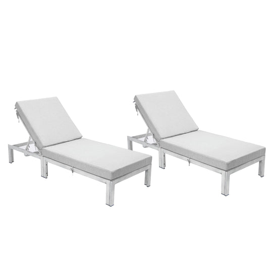 LeisureMod Chelsea Outdoor Chaise Lounge Chair w/Cushions Set of 2, Light Grey