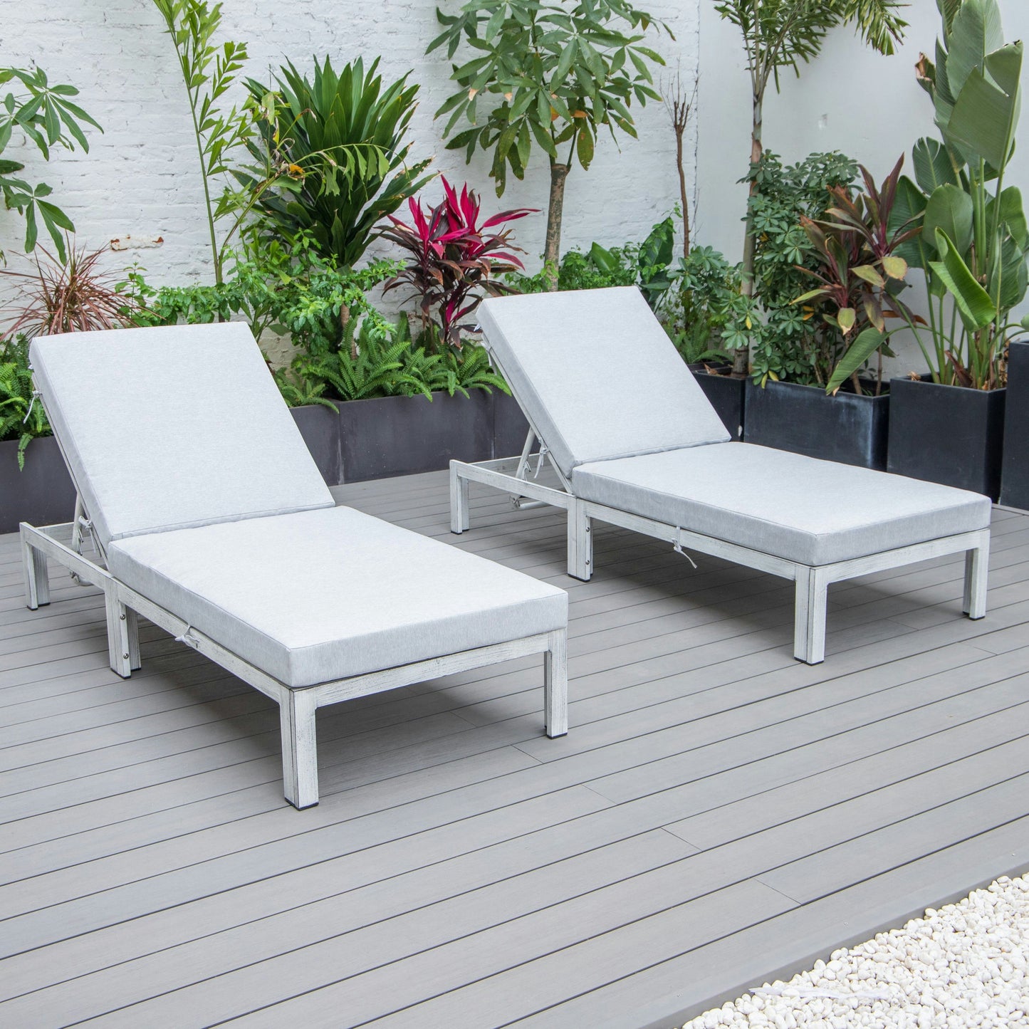LeisureMod Chelsea Outdoor Chaise Lounge Chair w/Cushions Set of 2, Light Grey