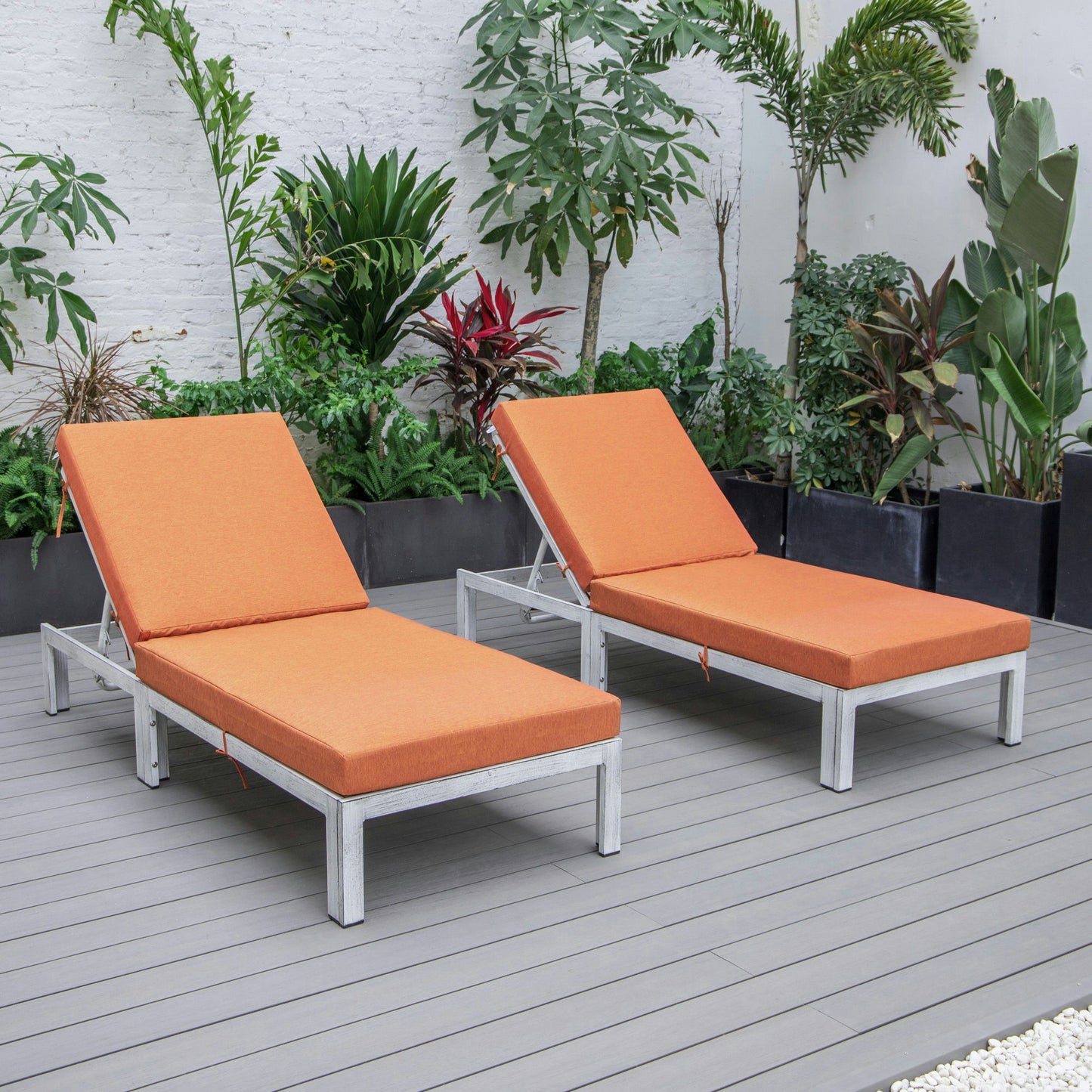 LeisureMod Chelsea Outdoor Grey Lounge Chair With Cushions Set of 2 - Orange