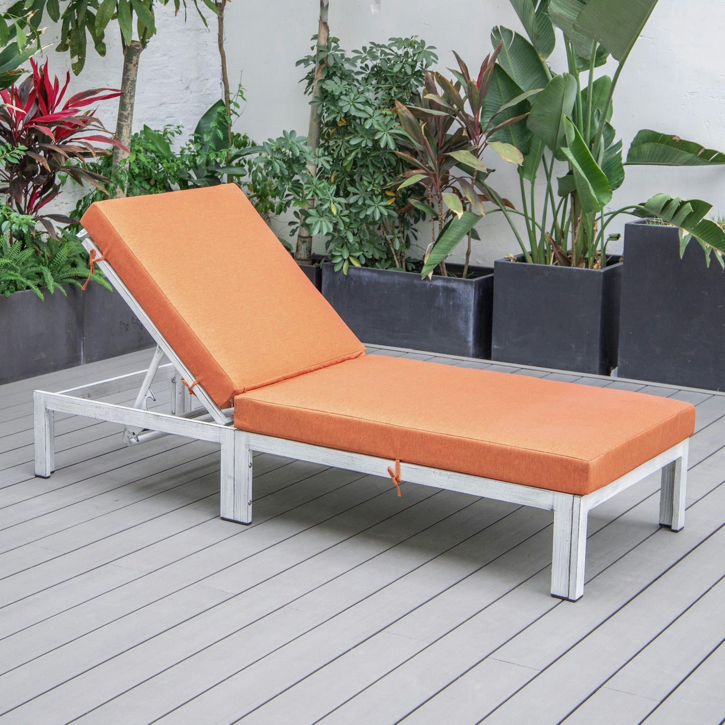 LeisureMod Chelsea Outdoor Grey Chaise Lounge Chair With Cushions- Orange