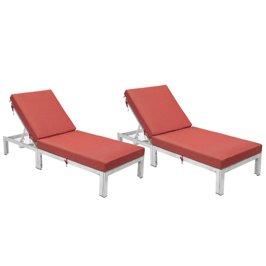 LeisureMod Chelsea Outdoor Grey Chaise Lounge Chair w/Cushions Set of 2, Red