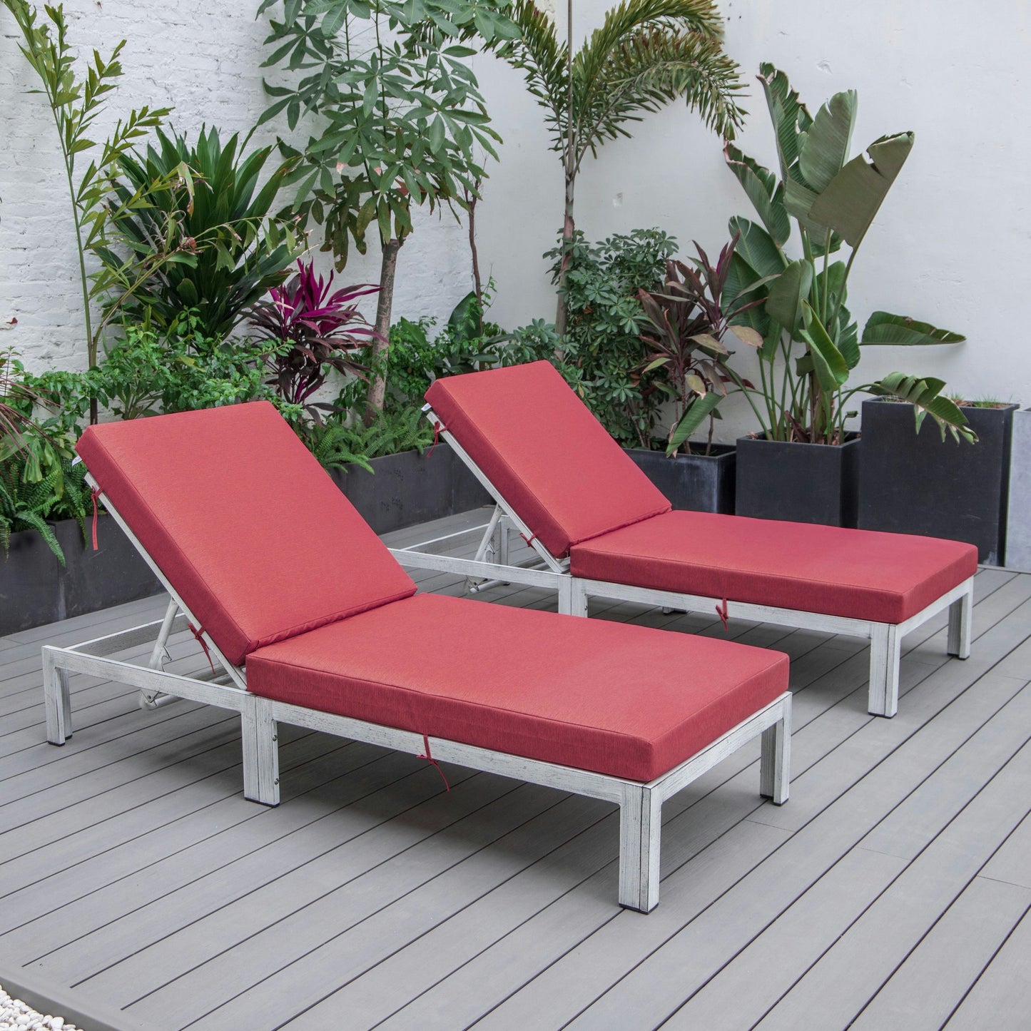 LeisureMod Chelsea Outdoor Grey Chaise Lounge Chair w/Cushions Set of 2, Red