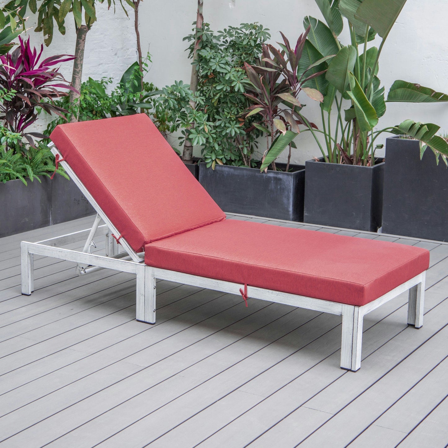 LeisureMod Chelsea Outdoor Grey Chaise Lounge Chair With Cushions- Red