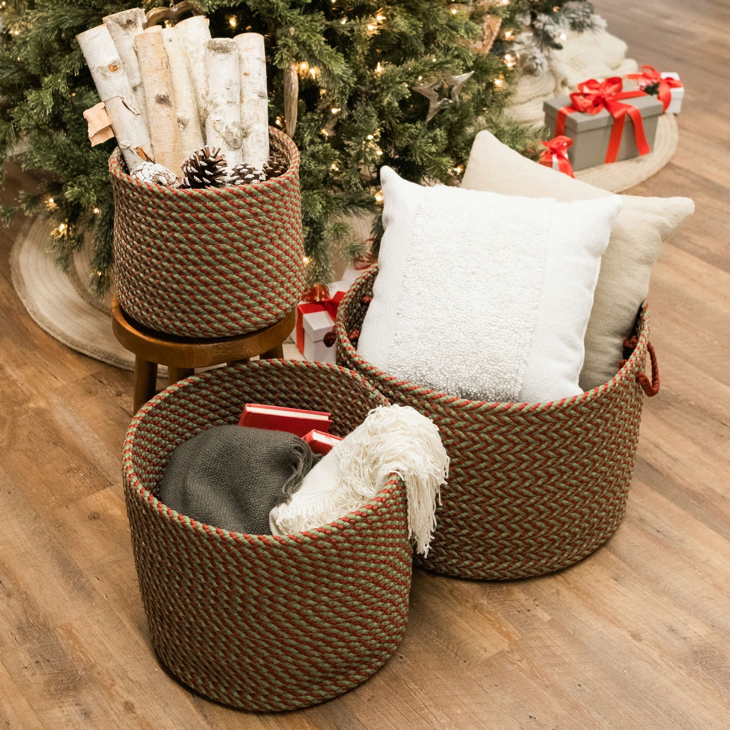 Holiday Chevron Jumbo Basket - Red/Green 20"x20"x15"