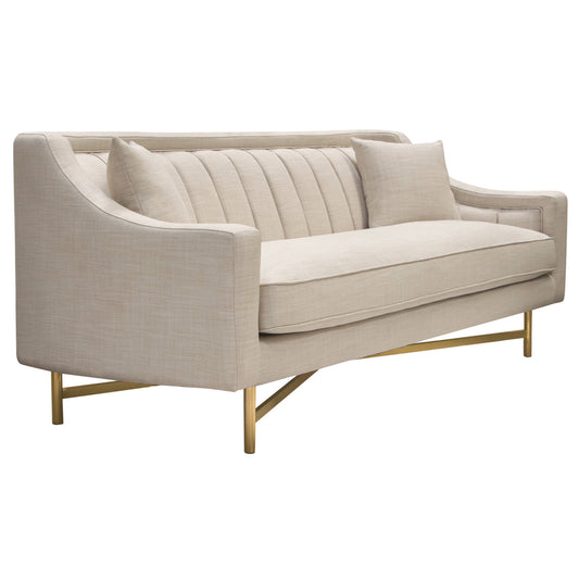 Fabric Sofa, Sand Linen Fabric With Accent Pillows and Gold Metal