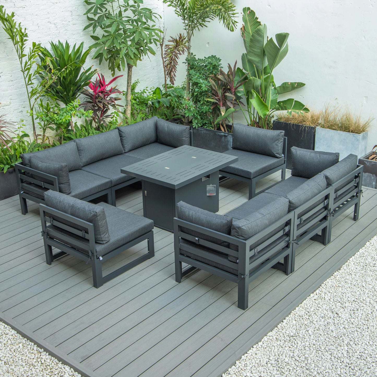 LeisureMod Chelsea Patio Sectional & Fire Pit Table & Cushions, Black