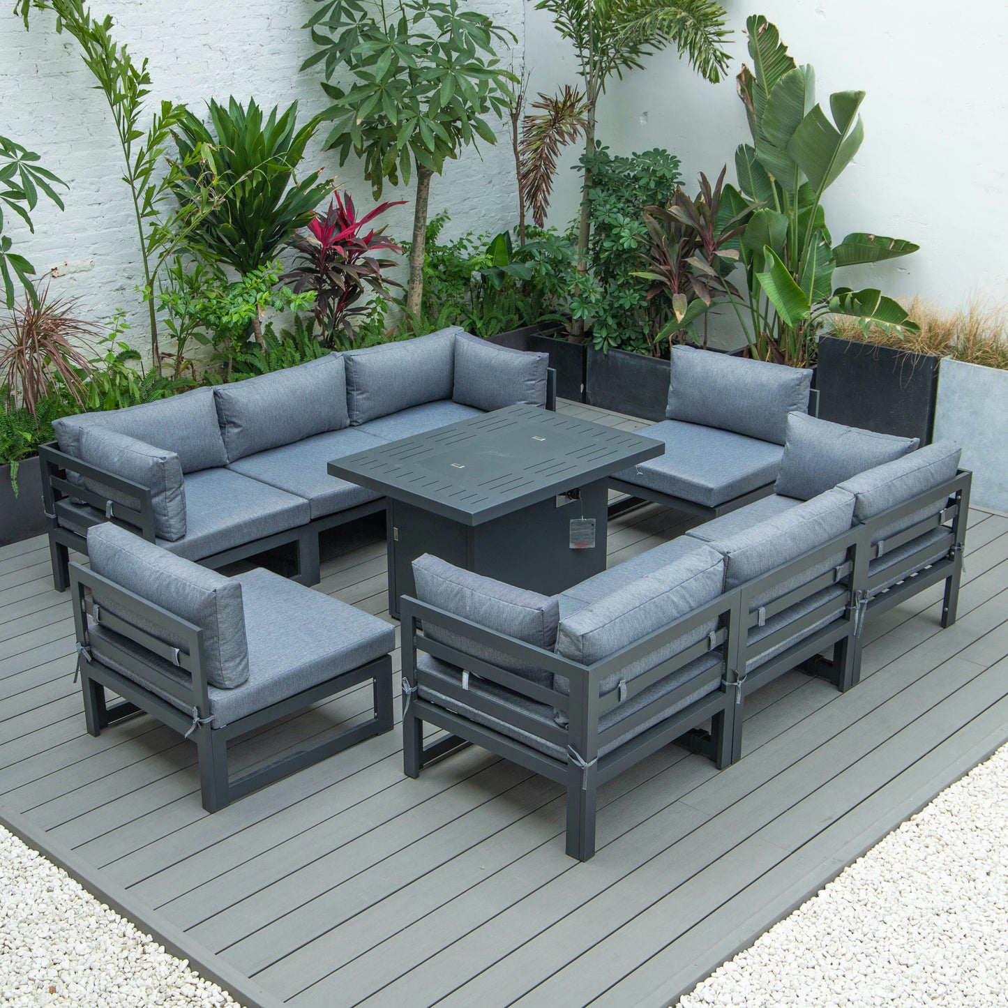 LeisureMod Chelsea Patio Sectional & Fire Pit Table & Cushions, Blue