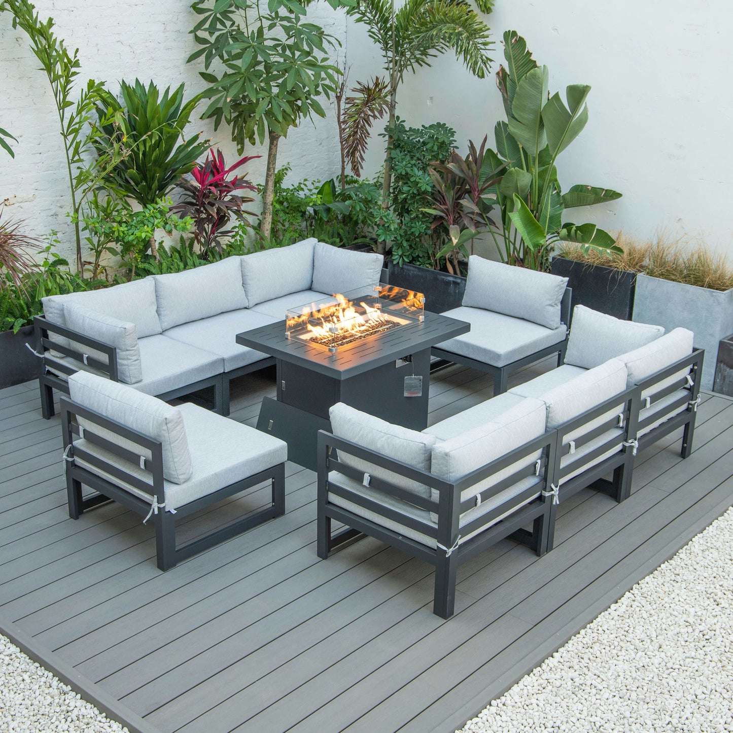 LeisureMod Chelsea Patio Sectional & Fire Pit Table & Cushions, Light Gray