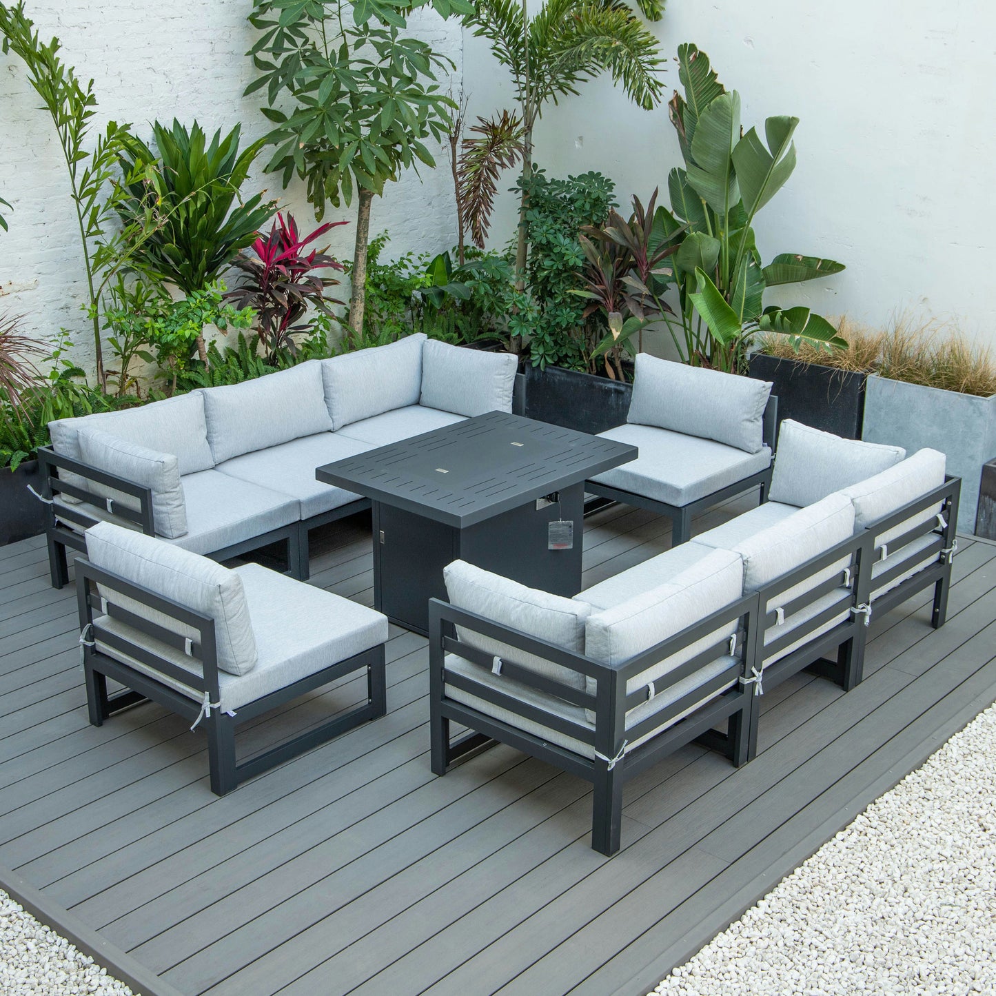 LeisureMod Chelsea Patio Sectional & Fire Pit Table & Cushions, Light Gray