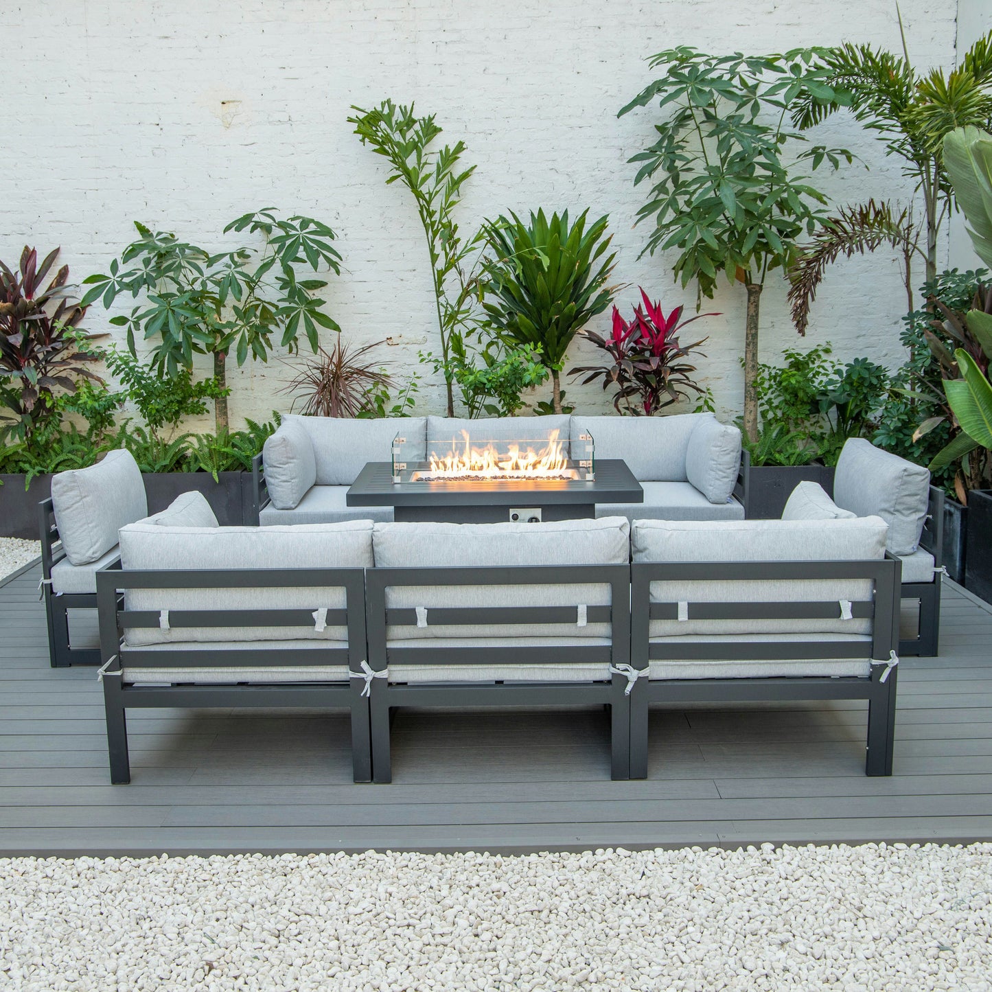 LeisureMod Chelsea Patio Sectional & Fire Pit Table & Cushions, Light Gray