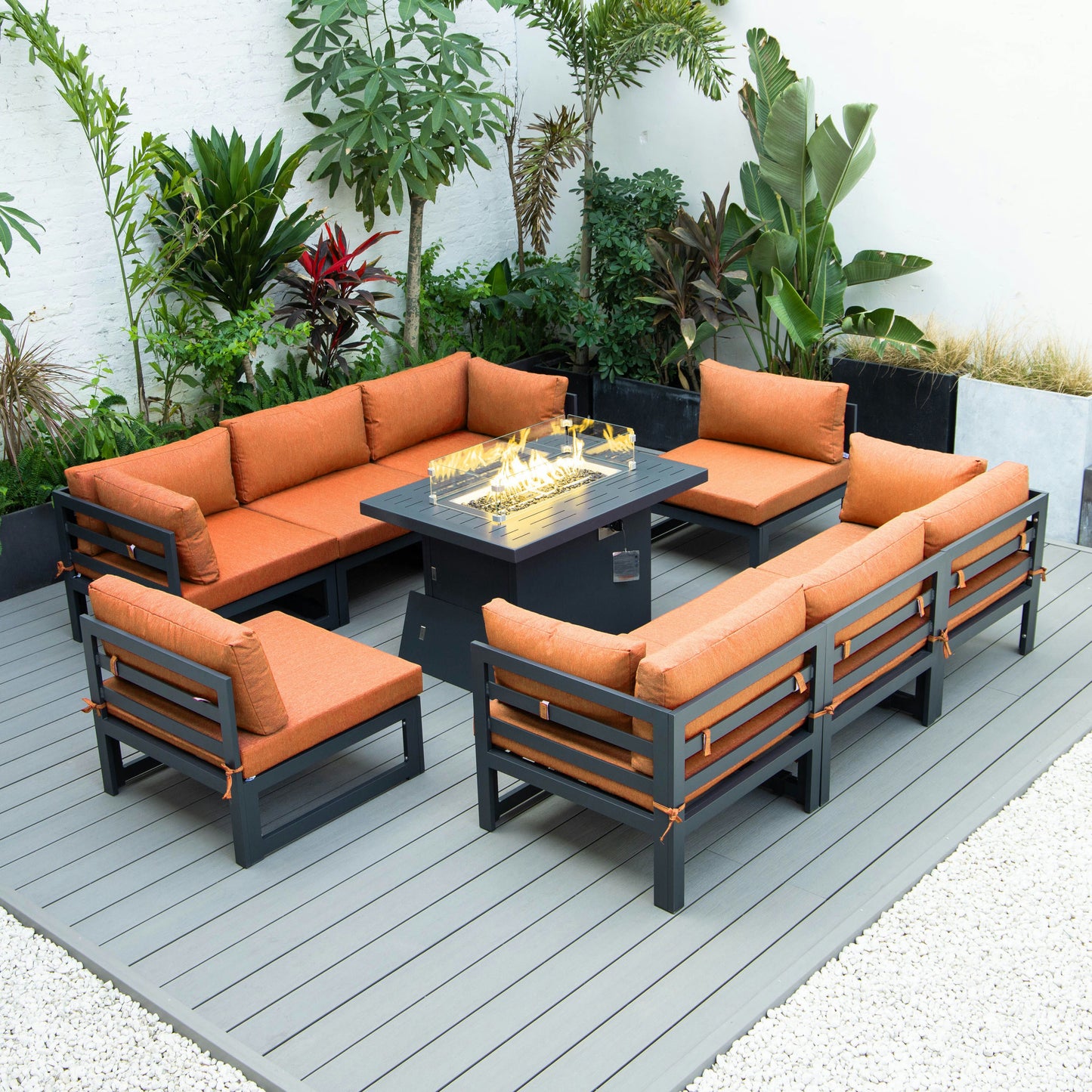 LeisureMod Chelsea Patio Sectional & Fire Pit Table & Cushions, Orange