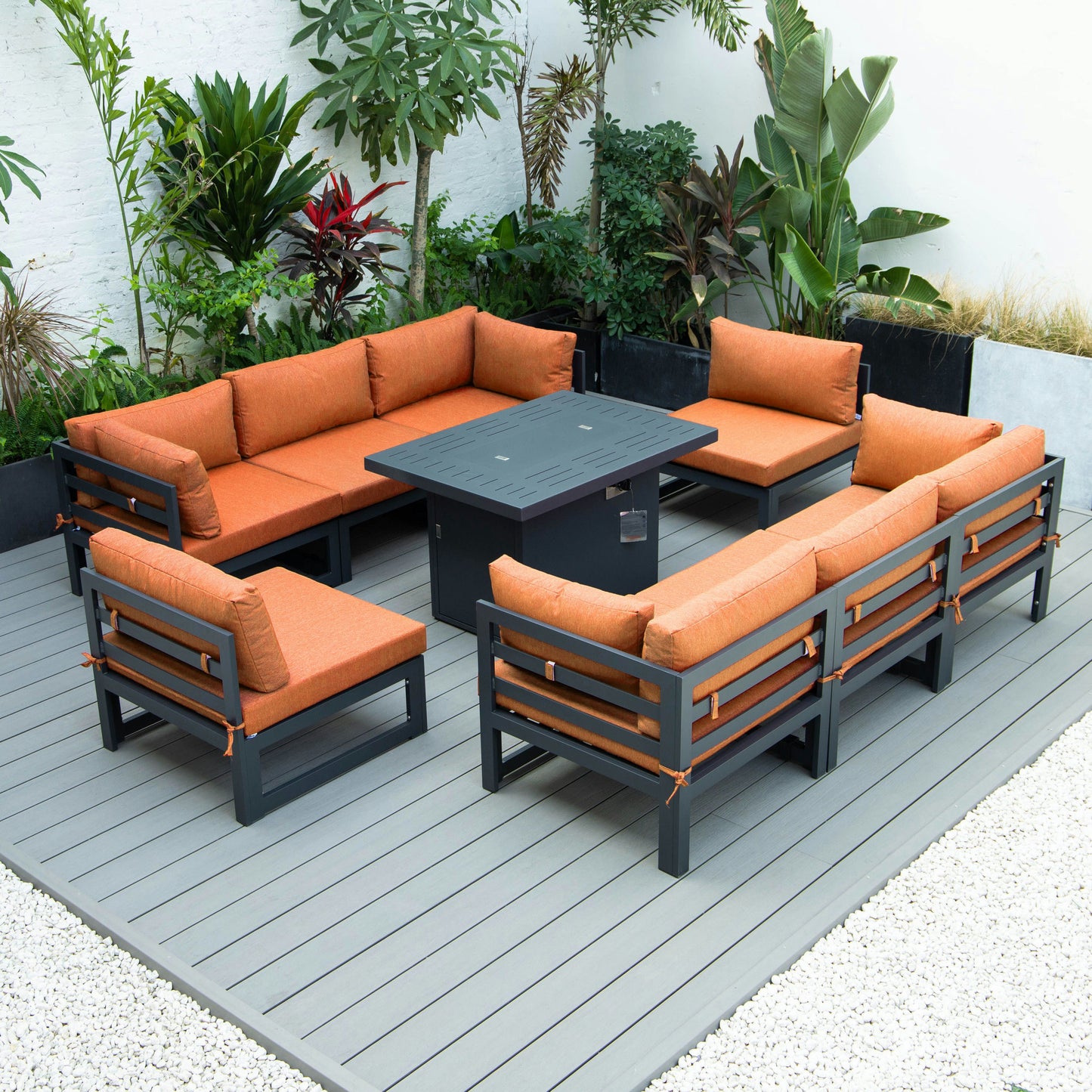 LeisureMod Chelsea Patio Sectional & Fire Pit Table & Cushions, Orange