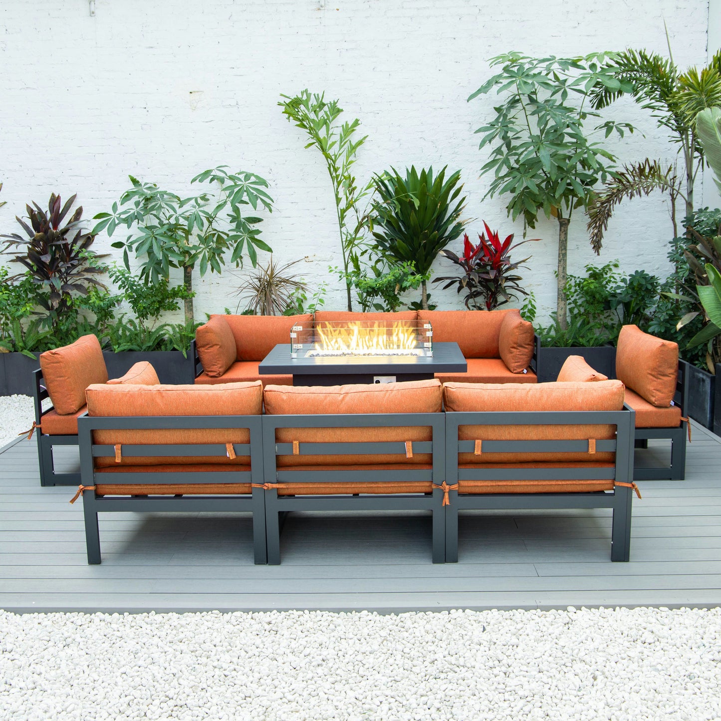 LeisureMod Chelsea Patio Sectional & Fire Pit Table & Cushions, Orange